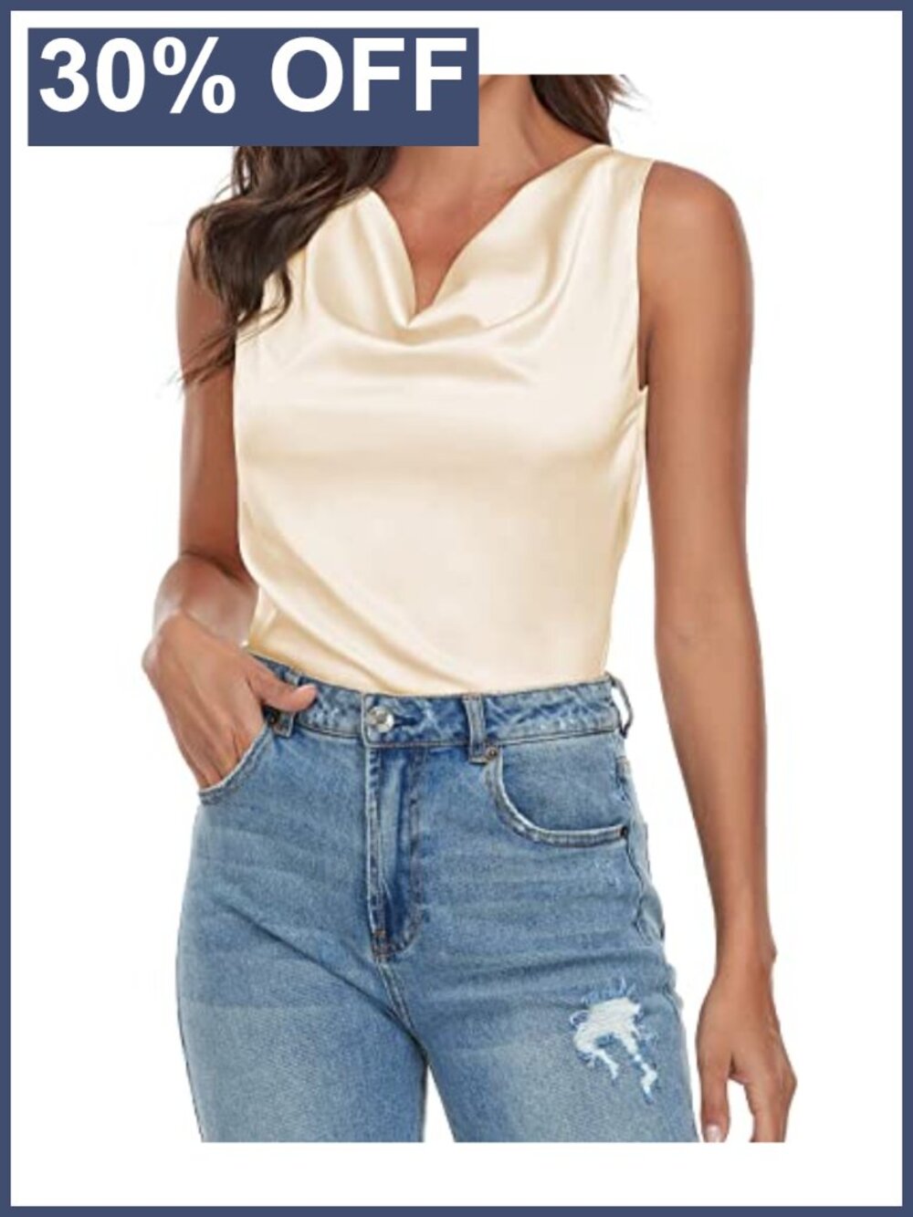 Silk Satin Cowl Neck Tank Top Sleeveless Draped Blouse